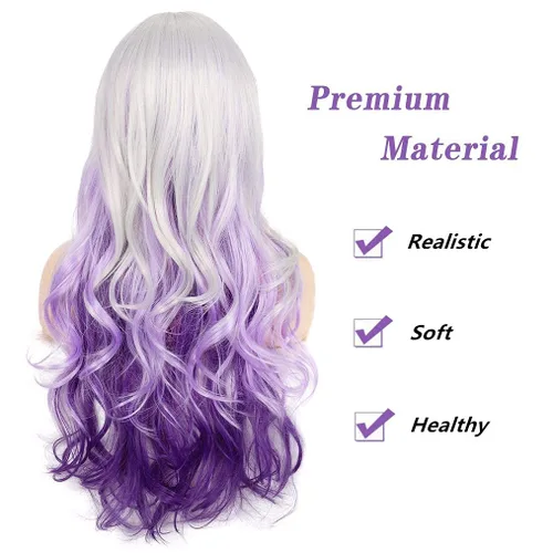 Miniatura 5 de Peluca larga y rizada ondulada gris plateado a morado con parte lateral de aspecto natural sintético Cosplay peluca para mujeres Astilla a Púrpura