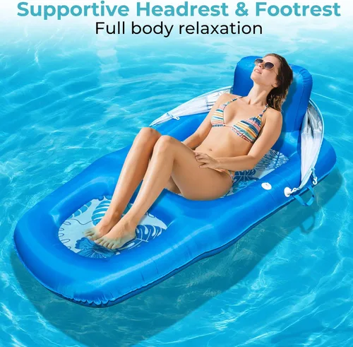 Miniatura 8 de Fabric Covered Inflatable Pool Lounger Float Adult, 70"x39" Extra Large Pool Float w/ UPF50+ Sunshade Canopy & Cupholder Caddy, Water Floaties Raft