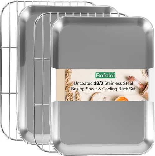 Miniatura 11 de Juego de 4 bandejas para hornear de acero inoxidable 18/0 con estante de enfriamiento, aptas para horno, no tóxicas, para hornear, sin revestimiento