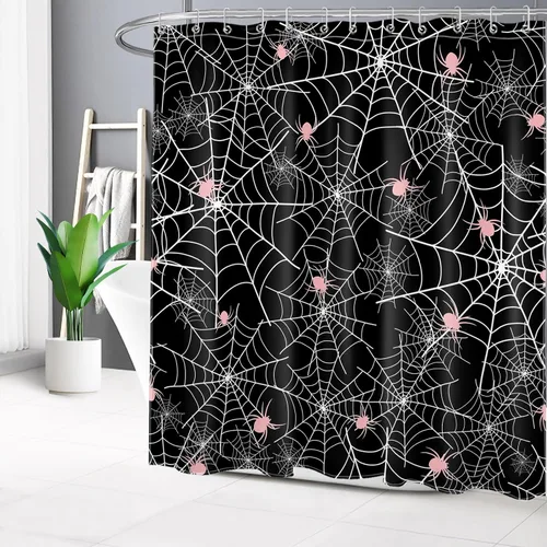 Miniatura 7 de EOBTAIN Cortina de ducha de Feliz Halloween para baño, arañas rosas aterradoras con telaraña sobre negro, cortina de ducha farbic con 10 ganchos