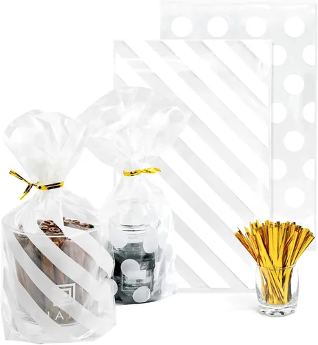 100 bolsas de celofán reforzadas, bolsas de galletas de lunares blancos y bolsa de plástico a rayas para dulces (tamaño 5 x 8 x 1.8 pulgadas) con