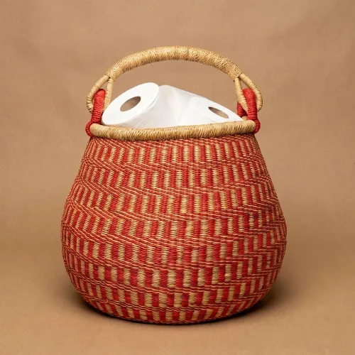 Cesta africana tejida roja para almacenamiento, 16 pulgadas de ancho, 12 pulgadas de alto