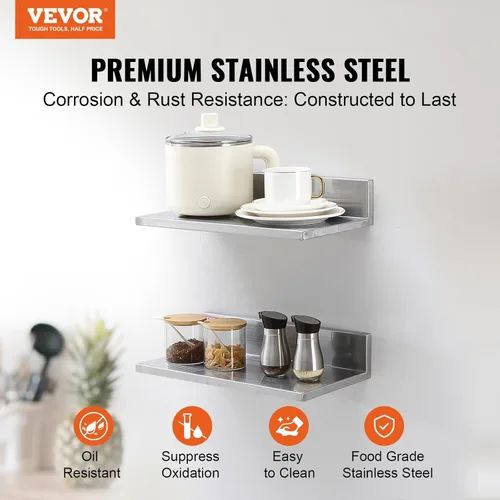 Miniatura 4 de VEVOR Estante de pared de acero inoxidable, 8.6 x 16 pulgadas, paquete de 2 con protector contra salpicaduras, soporta 44 libras, ideal para cocina