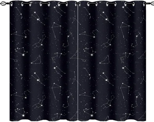 Miniatura 30 de Cortinas de Constelación, Arte Moderno Abstracto Patrón de Símbolos de Constelación Galaxia Negra Blanca, Tratamientos para Ventanas con Aislamiento