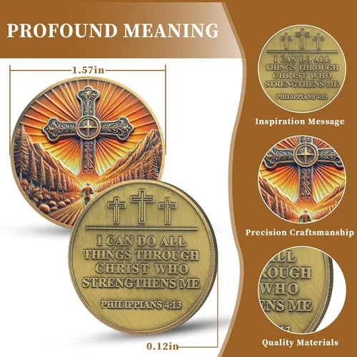 Miniatura 4 de 5 monedas de desafío cristiano de Filipenses 4:13 – Ficha religiosa de camino de fe con versículo de la Biblia – I Can Do All Things Through Christ