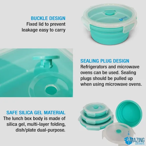 Miniatura 7 de Juego de 4 recipientes plegables de silicona para almacenamiento de alimentos con tapas, cuencos plegables para camping, almacenamiento
