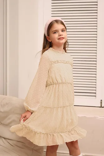 Miniatura 4 de GRACE KARIN Vestido escalonado con volantes para niñas, vestido acampanado de manga larga con lunares suizos, 6-12 años