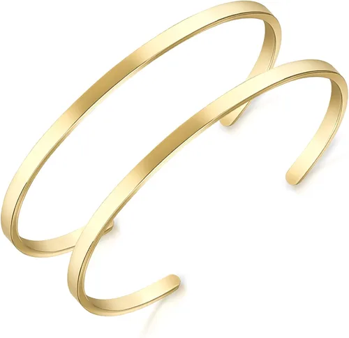 Lolalet Paquete de 2 pulseras ovaladas delgadas para novia esposa mamá chapado en oro rosa de 18 quilates pulseras de amor para parejas acabado