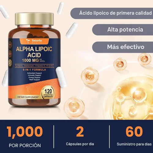 Miniatura 7 de Totaria Ácido alfa lipoico de 1000 mg – Suplemento de ALA antioxidante para neuropatía, apoyo a la salud nerviosa, desintoxicación hepática