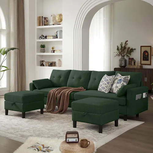 Miniatura 19 de Sofá en forma de U de 102.3 pulgadas con 2 otomanas móviles y 1 mesa auxiliar, se convierte en sofá cama, incluye 2 almohadas para reposabrazos