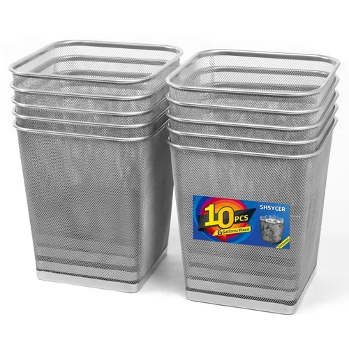 Miniatura 9 de Paquete de 10 cubos de basura de metal cuadrados negros de 6 galones, cubos de basura de malla para oficina, papeleras de alambre de metal, canasta