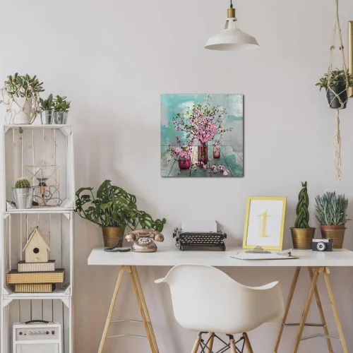 Miniatura 6 de Acocifi Lienzo de flores rosas para pared, cuadro abstracto, verde azulado, turquesa, acuarela, melocotón, pintura, enmarcado, para baño, sala
