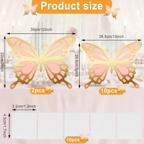 Miniatura 2 de Geyee 12 piezas de decoración de fiesta de mariposa grande 3D de 12 pulgadas, 10 pulgadas, centros de mesa de mariposa grandes para mesas, baby Oro