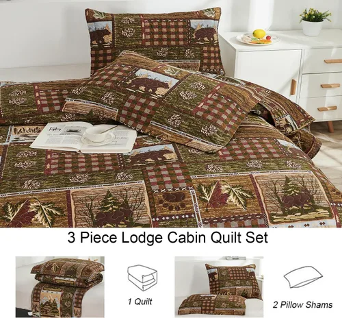 Miniatura 6 de Juego de edredón de oso de alce tamaño individual, juego de ropa de cama rústica de cabaña a cuadros, colcha reversible para el hogar, colcha