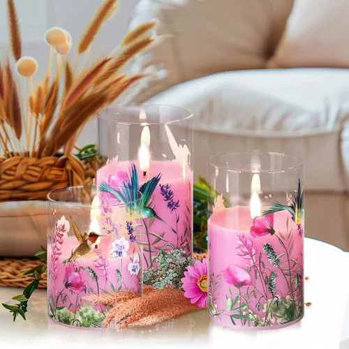 Miniatura 5 de Eywamage Velas de cristal sin llama de colibrí rosa con control remoto, velas LED parpadeantes de pilar de batería, juego de 3, decoración