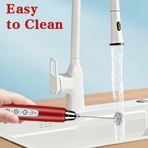 Miniatura 6 de Espumador de leche de mano con soporte, batidor eléctrico de 3 velocidades ajustables, mezclador de bebidas con batidor de acero inoxidable 3, Rojo