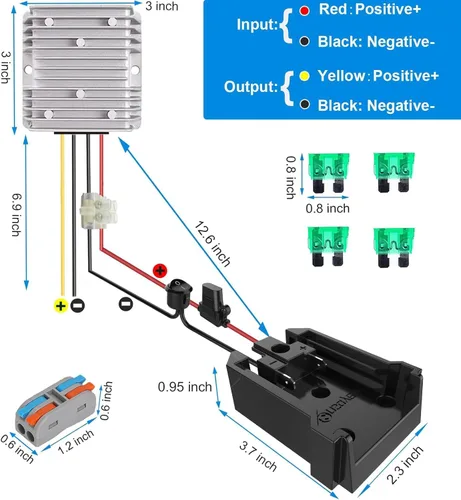 Miniatura 5 de Convertidor de corriente CC y adaptador de rueda de alimentación con fusible e interruptor para batería Milwaukee de 18 V, CC reductor de 18 V a 12