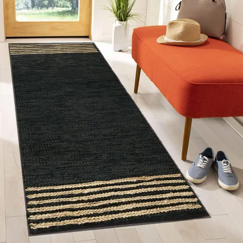 Miniatura 5 de GRUHUM Alfombra de pasillo de yute 2'6" x 8' pies, fibra natural, negra, rectangular, de yute, cuero, tejida a mano, estilo bohemio, para casa