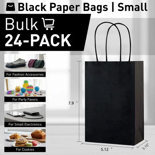 SUNCOLOR Bolsas de regalo negras con asas, paquete de 24 bolsas pequeñas de papel kraft para fiestas, 7.9 x 5.12 x 3.15 pulgadas con papel de seda