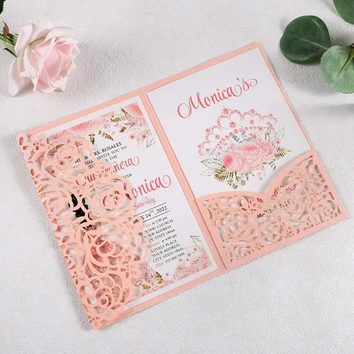 Miniatura 5 de Juego de 50 invitaciones de quinceañera rosa personalizadas de 4.7 x 7 pulgadas, cortadas con láser, tarjetas de invitación de quinceañera