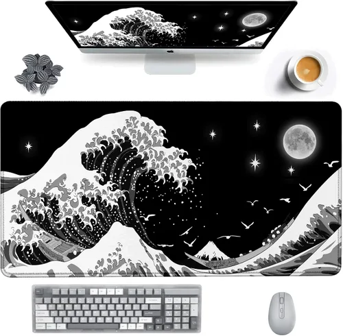 Miniatura 8 de Alfombrilla de mouse japonesa para juegos de olas marinas extendida, tamaño XXL, alfombrilla de escritorio grande de 31.06 x 11.8 pulgadas, para Sea
