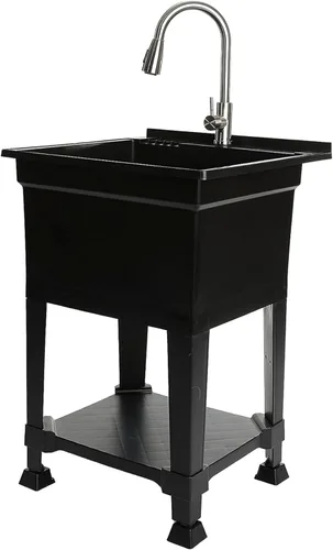 UTILITYSINKS Fregadero Utilitario Independiente con Dren de Conexión Rápida, 24 x 24 Pulgadas, Negro - Fregadero Portátil y Compacto con Grifo para