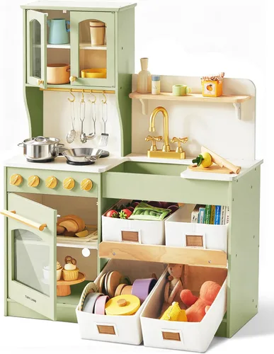 Miniatura 13 de Tiny Land - Cocina de juguete para niños, de madera, con sistema de almacenamiento, juego de cocina con muchas funciones de juego, de juguete