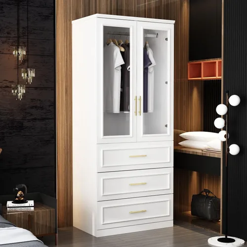 Miniatura 3 de Armario grande con 2 puertas de vidrio templado y 3 cajones, armario alto con barra para ropa, armarios de ropa estilo agitador, color blanco, 31.7
