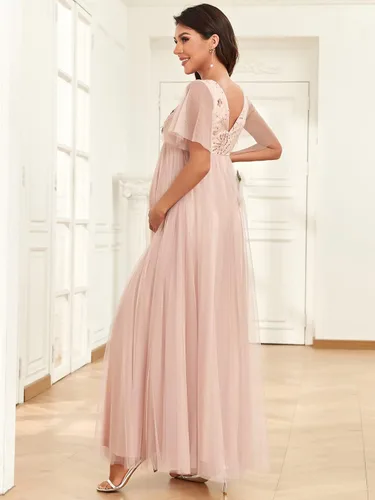 Miniatura 2 de Ever-Pretty Vestido de maternidad para sesión de fotos de maternidad con cuello en V y lentejuelas plisadas con mangas con volantes para mujer
