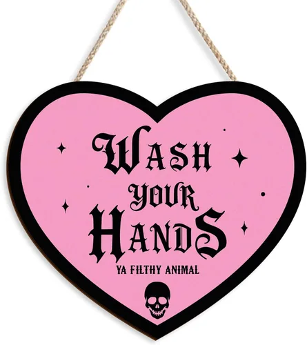 Miniatura 9 de Kercan Arte de pared gótico de madera, 9.6 x 11.8 pulgadas, letrero de pared con texto en inglés "Wash Your Hands", decoración del hogar de brujas