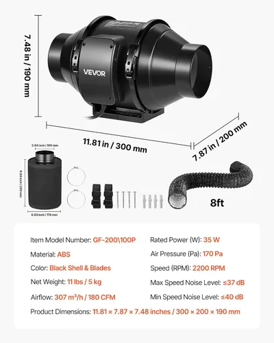 Miniatura 7 de VEVOR Kit de filtración de aire de 4 pulgadas, ventilador de conducto en línea de 180 CFM con controlador de velocidad, filtro de carbono y sistema