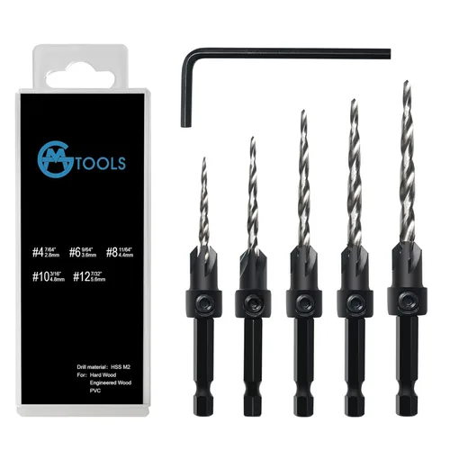 Miniatura 8 de Juego de Brocas Avellanadas GMTOOLS, 3 Piezas de Brocas Cónicas M2 HSS, con Vástago Hexagonal de 1/4" de Cambio Rápido y Llave Allen, Juego
