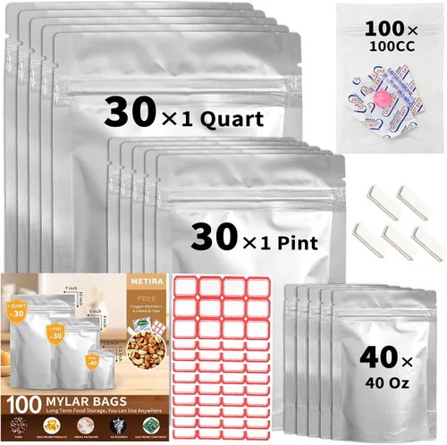 100 bolsas Mylar con absorbentes de oxígeno de 100 cc, bolsas de almacenamiento de alimentos de 3 tamaños (1 cuarto de galón, 1 pinta, 40 onzas),
