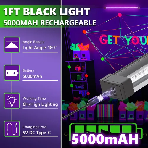 Miniatura 4 de Luces negras recargables, luz negra LED portátil para fiesta brillante, barra de luz negra regulable de 10 W para Halloween, póster, decoración