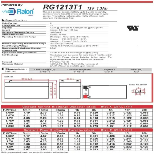 Miniatura 7 de Raion Power - Batería AGM SLA de 12 V 1.3 Ah, terminal F1 - Reemplazo para puertas de mascotas de alta tecnología, ML1.3-12, EXP1213, B3V1A