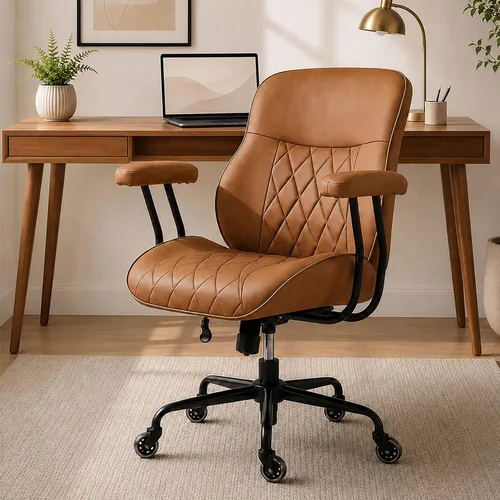 BEWISHOME - Silla de oficina de cuero marrón con ruedas de goma silenciosas | 380 lb Capacity, 22" Wide Seat, Removable Armrests, Lumbar Support