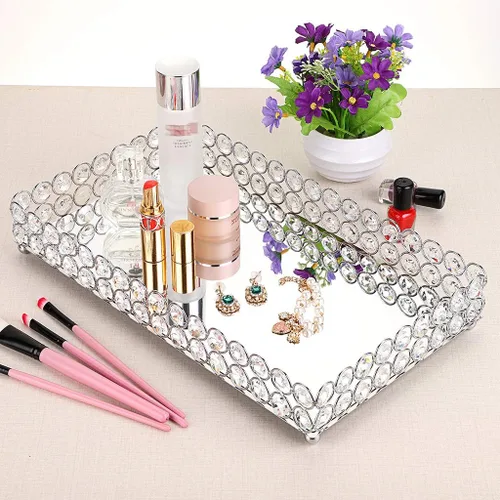 Miniatura 2 de Hipiwe Bandeja organizadora de joyas decorativa con espejo para perfumes, baratijas, exhibidor de maquillaje, tocador y decoración del hogar Plata