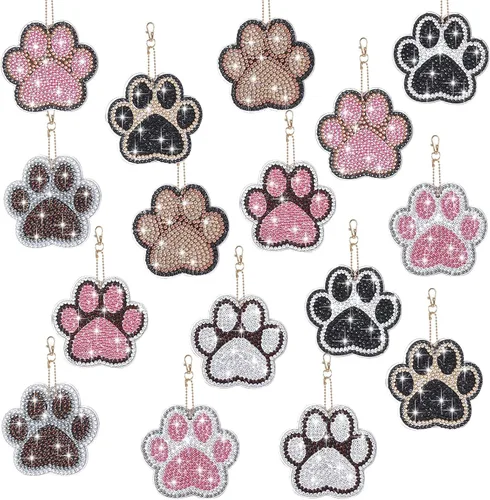 YLOLUL 16 llaveros con forma de pata de perro con forma de pata de perro, kits de llaveros de arte de diamantes de doble cara para principiantes,
