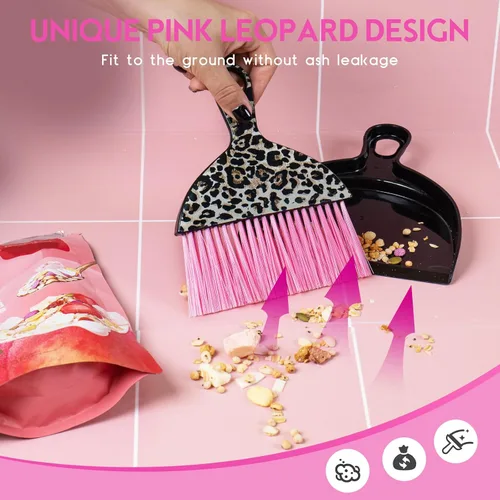 Miniatura 2 de THINKLEARN Juego de 2 mini recogedores y cepillos, juego de escoba pequeña y recogedor con diseño de estampado de leopardo rosa, escoba de mano