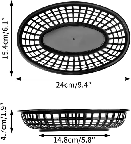 Miniatura 2 de EUSOAR Cestas de hamburguesa y forros de papel, 12 cestas reutilizables de plástico negro de 9.4 x 5.9 pulgadas para servir alimentos y 10 x 11