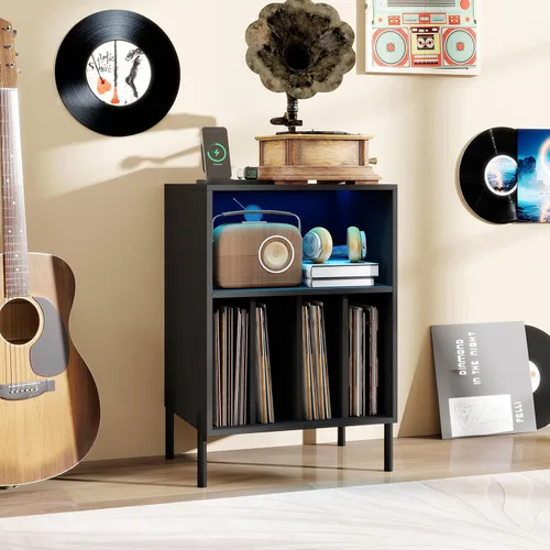 Miniatura 2 de LOKO Soporte para tocadiscos con luces LED, soporte para tocadiscos con estación de carga, soporte de almacenamiento de vinilo con patas de metal