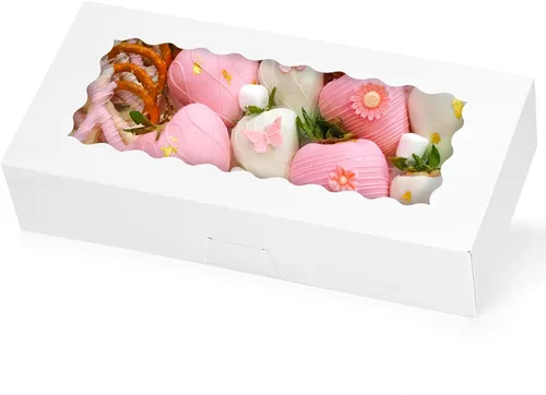 Moretoes 30 cajas de galletas, 12 x 5.5 x 2.5 pulgadas, caja de panadería blanca con ventana para golosinas, fresa cubierta de chocolate, donas,