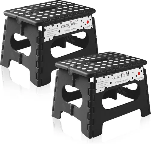 Casafield Taburete plegable de 9 pulgadas con asa (juego de 2), negro, taburete de plástico plegable portátil para niños y adultos, uso en la