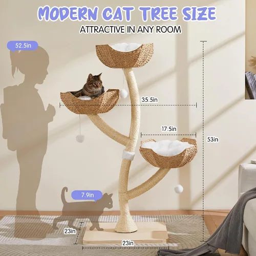 Miniatura 5 de Torre de Árbol para Gatos Moderna de 53" - Condominio para Gatos de Varios Niveles con Postes para Rascar para Gatos Pequeños y Grandes