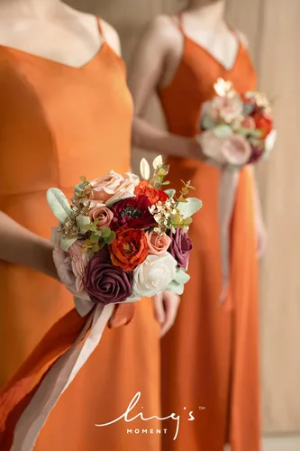 Miniatura 3 de Ling's moment Flores Artificiales Ramo de Damas de Honor Naranja Quemado Juego de 4, Ramos de Flores de Boda para Damas de Honor, Ramos Nupciales