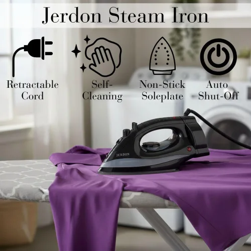 Miniatura 2 de Jerdon Plancha de vapor para ropa, plancha de hotel de 1200 W con cable retráctil de 7 pies, suela antiadherente, doble apagado automático, Negro
