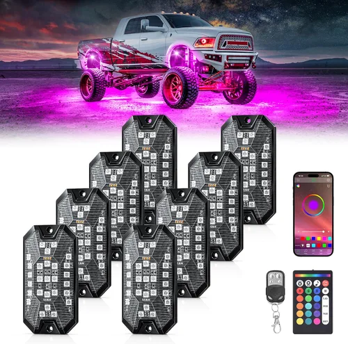 Luces RGB para Rocas, 8 pods Kits de Luces Underglow de Neón, Control Remoto APP/RF y Modo Musical, Lámparas Inalámbricas Impermeables Multicolor