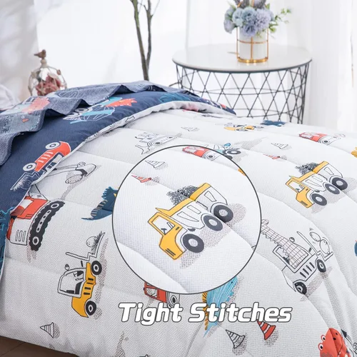 Miniatura 5 de DJY Juego de ropa de cama de algodón tamaño Twin, juego de edredón reversible de dinosaurios y autos para niños y niñas, 4 piezas de cama en una