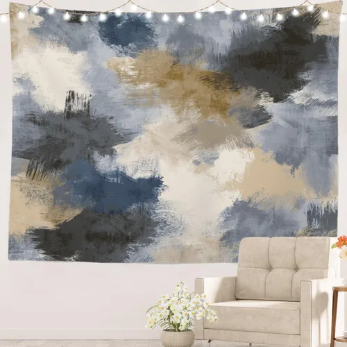 Batmerry Tapiz de pintura abstracta apagado, trazos de expresión artística arte de pared, decoración para colgar, fibra de poliéster, blanco con