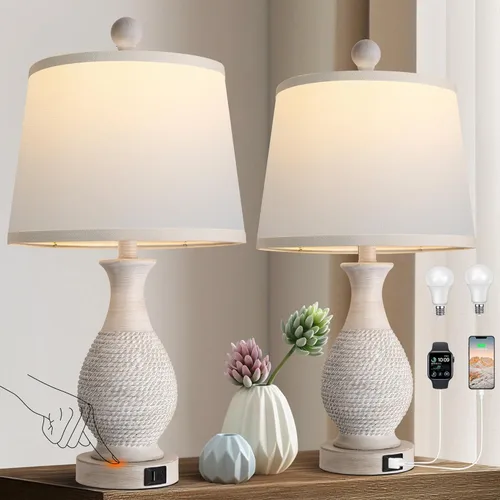 PARTPHONER Juego de 2 lámparas de mesa tradicionales, lámpara táctil de cabecera con puertos de carga USB C+A, lámparas de mesa rústicas estilo